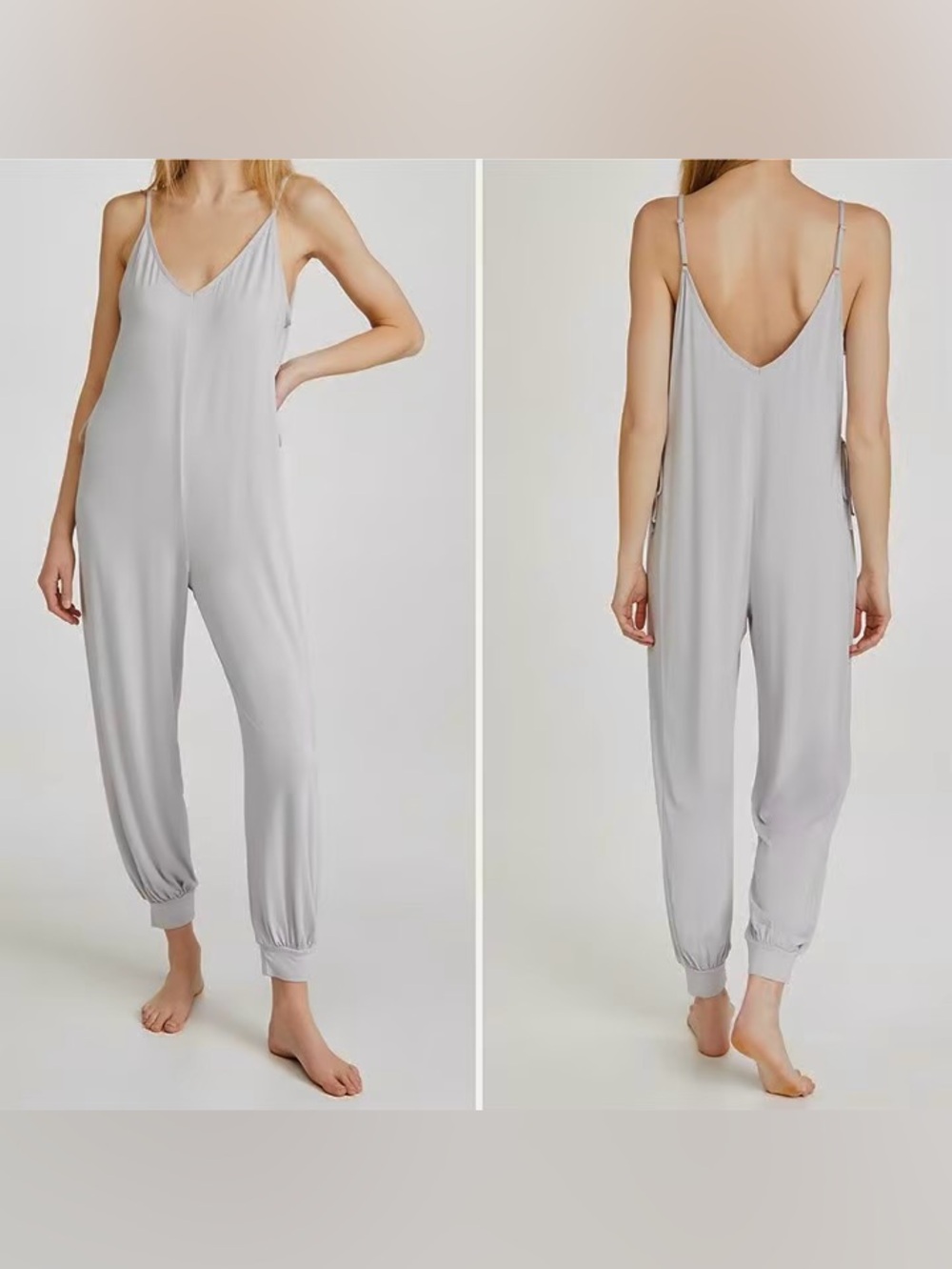 EBERJAY Light Gray Wide-Leg Jumpsuit with Side Ties (M)